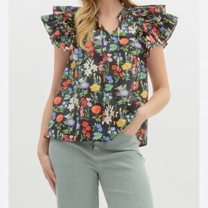 Entro Orange and Yellow Ruffled Cap Sleeve Blouse